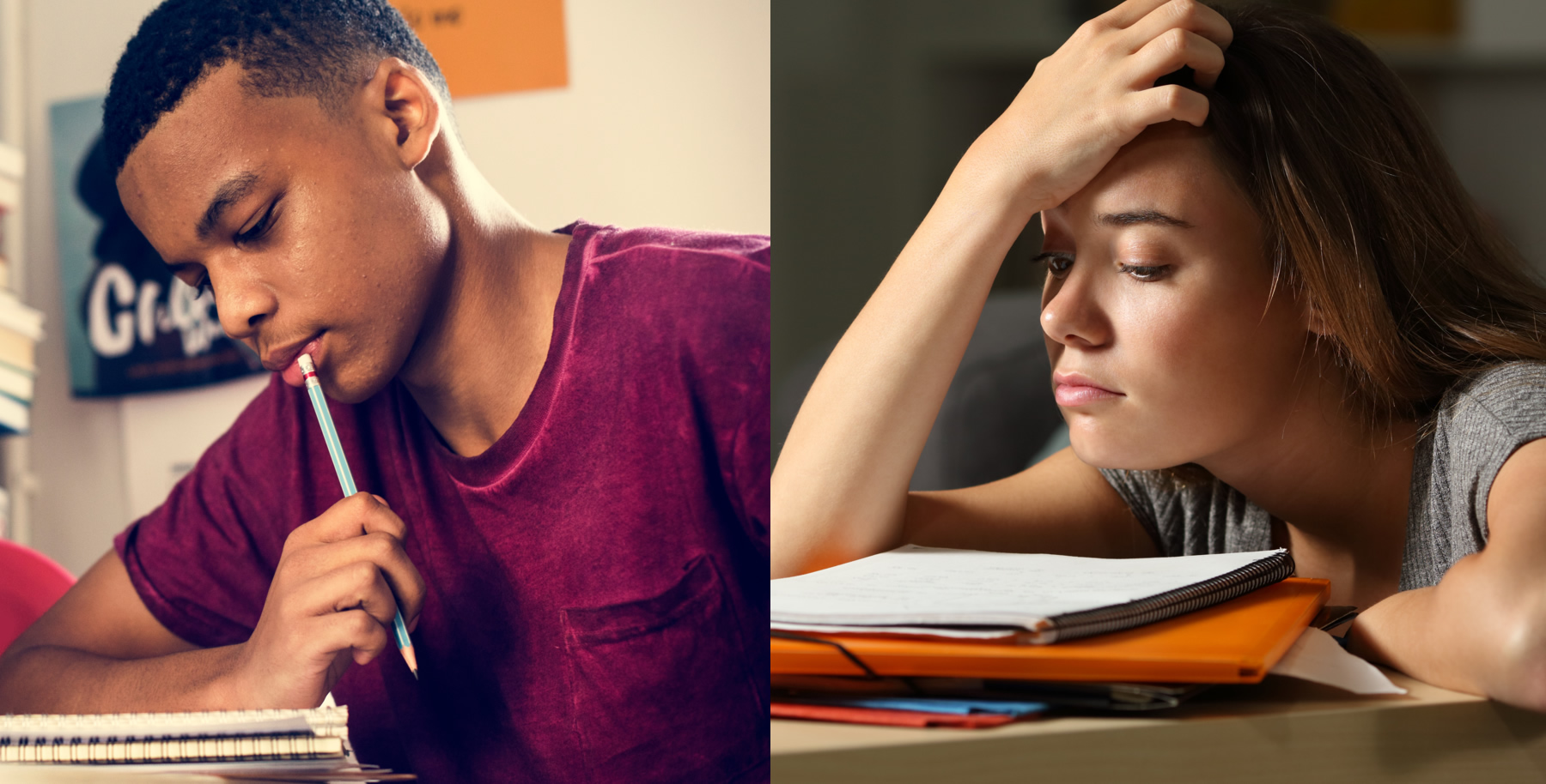 Zwei Jugendliche sind gestresst, weil sie viel lernen müssen.